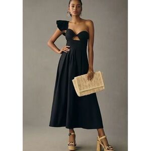 EVA FRANCO Black One Shoulder Midi Dress (Size 8)